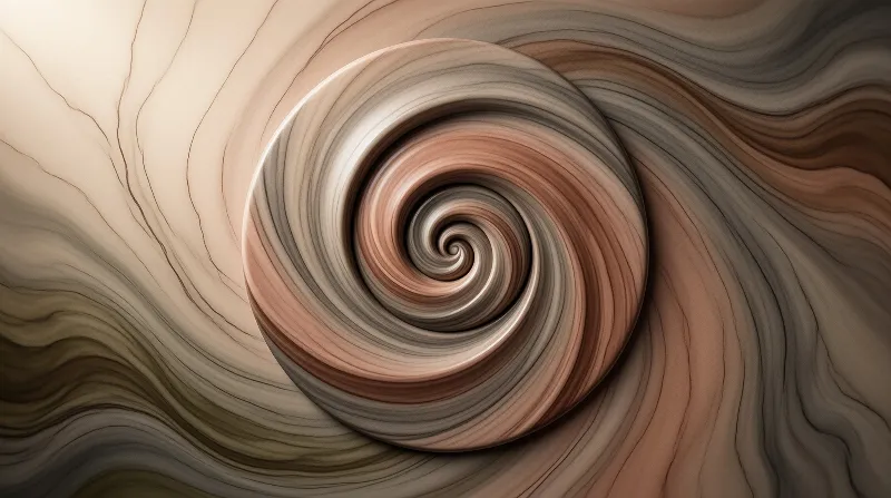 An abstract spiral design with warm brown and tan tones featuring flowing wood grain textures that radiate outward.