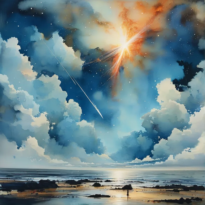 A brilliant star bursts in a deep blue sky filled with white clouds, casting light onto the calm ocean shore below.