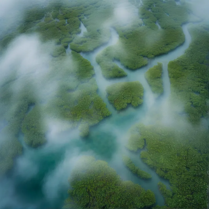 Aerial perspective of green marsh islands divided by pale blue water channels partially hidden by low fog.