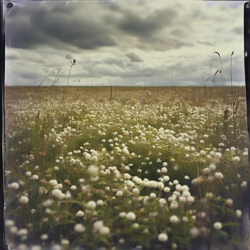 A wide shot of a meadow filled with white fluffy flowers beneath a heavy overcast sky with muted vintage tones.
