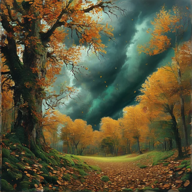 A mossy leaf-covered trail winds through golden autumn trees where pale light beams break through dark teal storm clouds.
