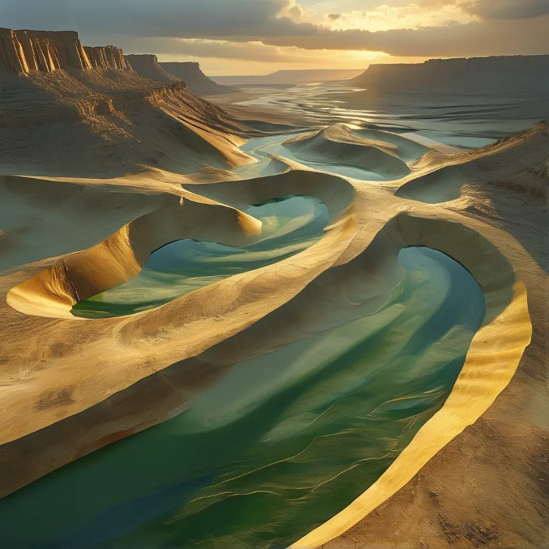 A surreal landscape features smooth teal ribbons winding through a sandy desert canyon under golden sunset light.