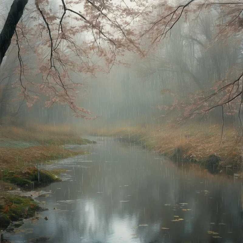 A wet stream flows through a shrouded woodland with steady rain and pale branches overhead.