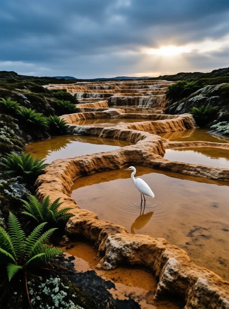 A solitary white egret stands in ochre tiered travertine pools with dark clouds above letting sun peek through