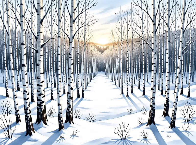 A snowy trail runs between pale birch trunks toward a low winter sun glowing on the horizon