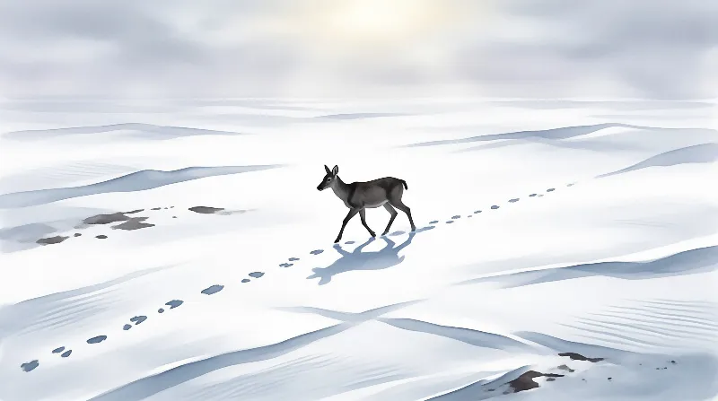 A small dark deer leaves a curving trail of footprints across soft rolling snow under a hazy sun.