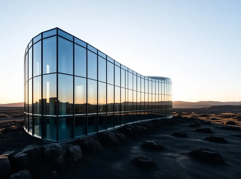 A curved glass building stands isolated in a rocky desert landscape reflecting the warm orange sky during sunset.