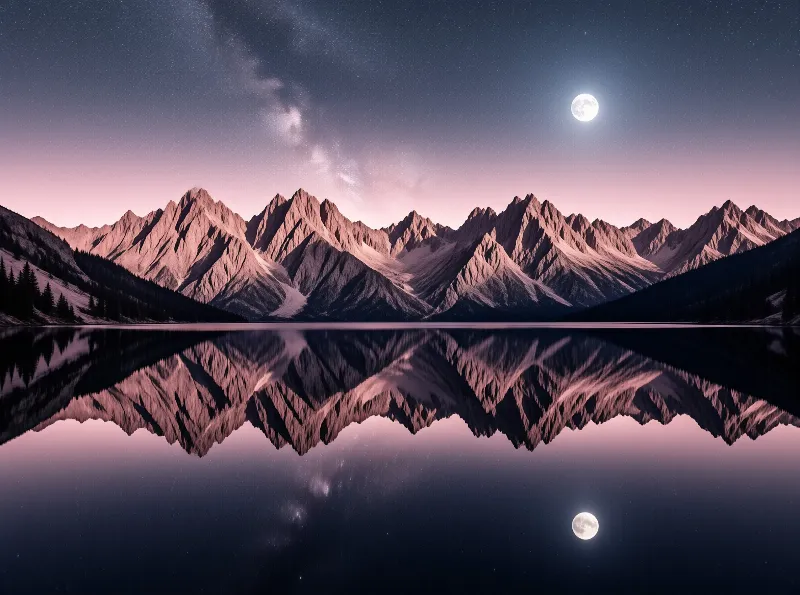 A serene landscape shows jagged mountains and a bright moon reflected perfectly in a still lake beneath a galaxy filled sky.