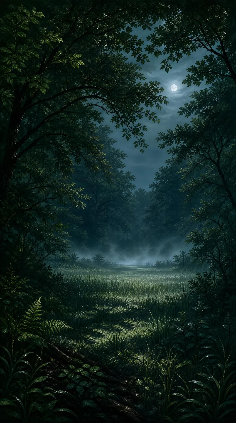 A night forest scene featuring a full moon in a clouded sky, mist in the distance, and dense vegetation including trees, grass, and ferns along a forest path.