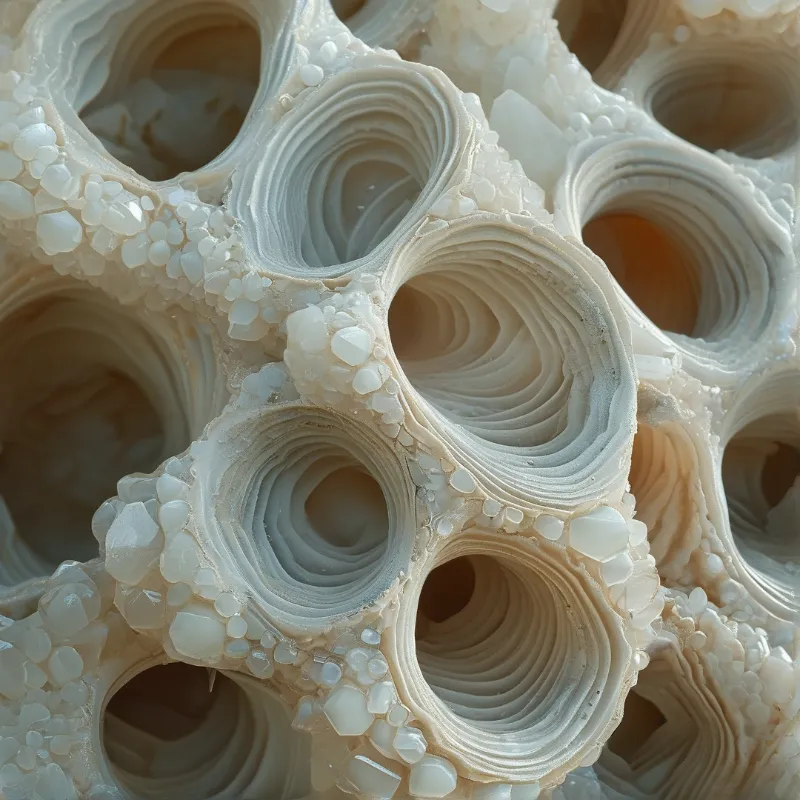 A closeup of interconnected layered coral tubes, pale creamy white, with edges covered in small translucent nacreous crystals, softly lit.