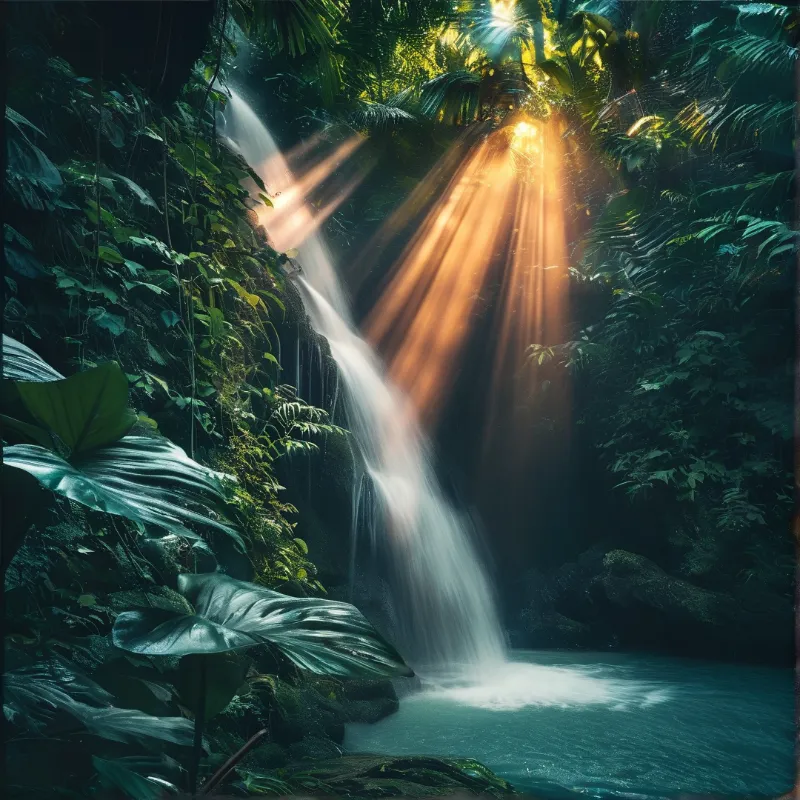 Golden light beams break through dense tropical leaves onto a waterfall pouring into a turquoise pool.