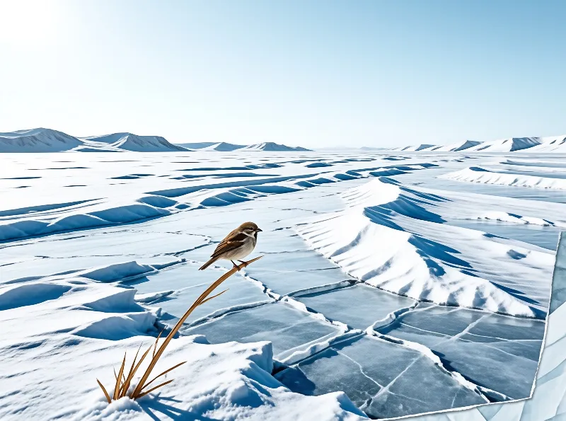 A small sparrow perches on a dry stem in a wide frozen landscape covered with snow and cracked ice.