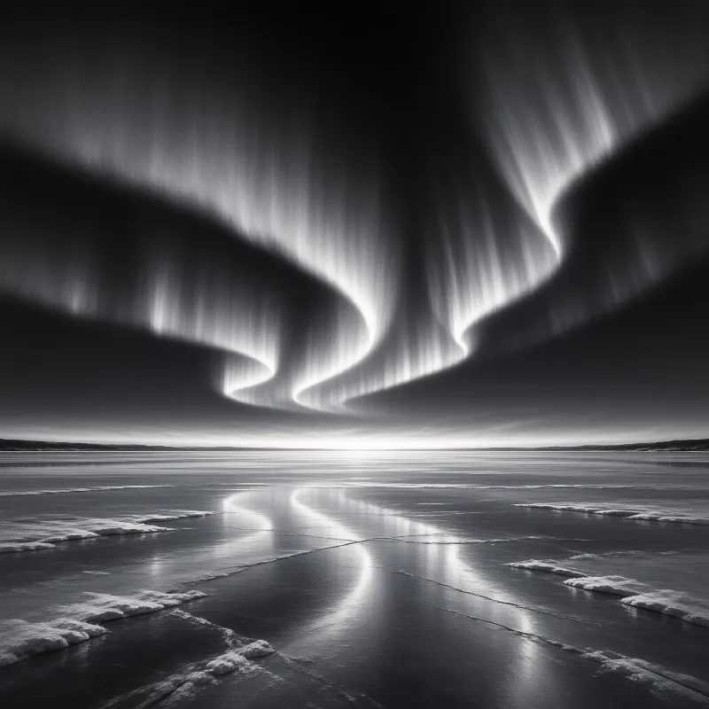 Monochrome aurora borealis waves dance above a cracked ice surface with bright reflections.