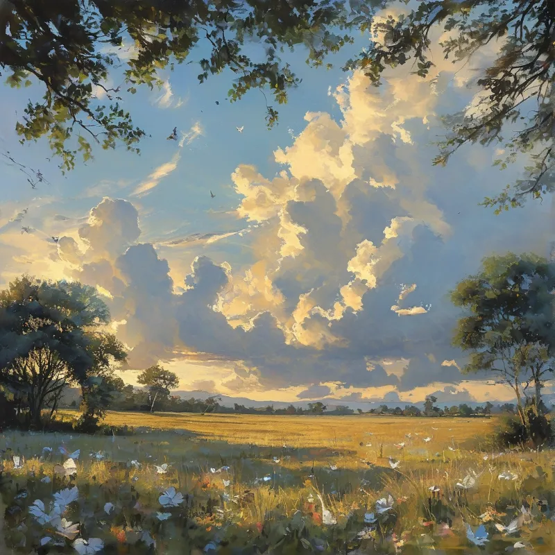 Bright heaped clouds sail above a sunlit field dotted with white blossoms and framed by leafy trees.