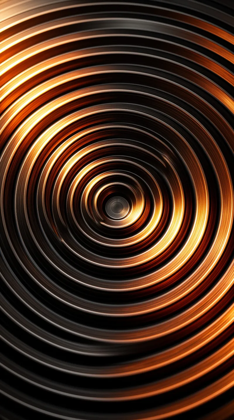 A view looking down a cylindrical corridor constructed from shiny concentric metal bands reflecting orange illumination.