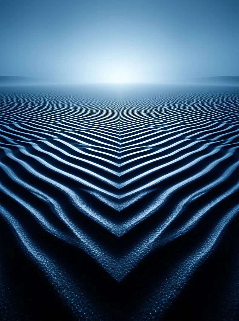 Deep blue sand ripples create a symmetrical pattern leading toward a bright glowing horizon line.