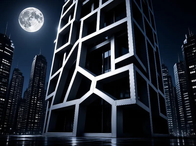 A massive angular structure with white framing dominates the foreground while a bright full moon hangs in the deep blue sky above a cluster of dark city buildings and reflective wet pavement.