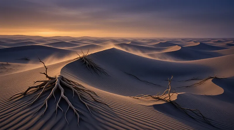 Bleached tree roots protrude from rolling sand dunes beneath a gradient sky transitioning from orange to deep blue.