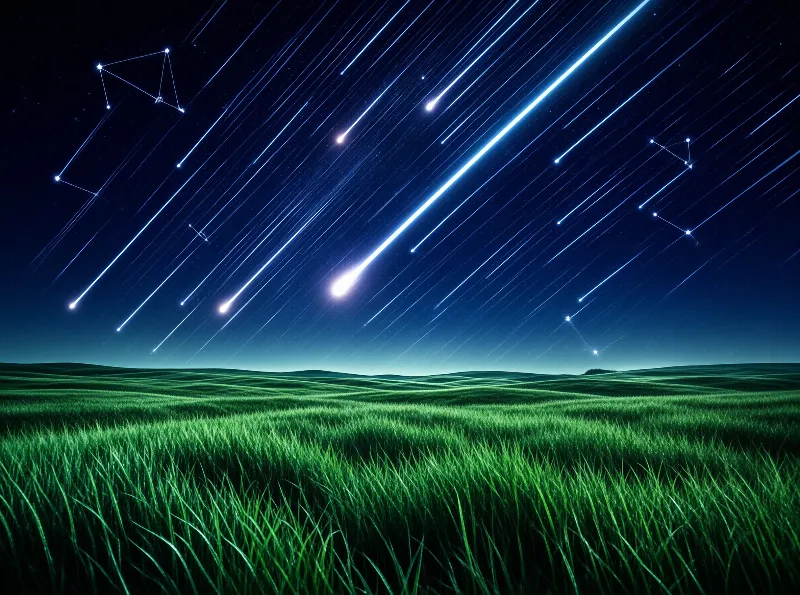 Bright blue meteors streak diagonally across a dark sky above a vibrant green grassy plain.