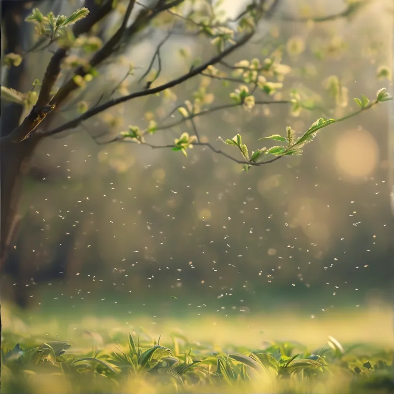 Green tree branches with fresh buds extend across a sunlit scene filled with floating particles.