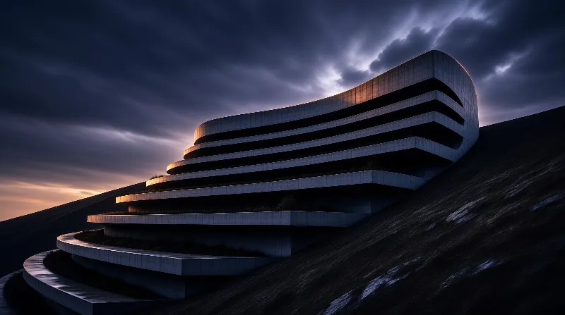 Layered white balconies sweep down a shadowed slope beneath a dramatic sky lit by a setting sun.