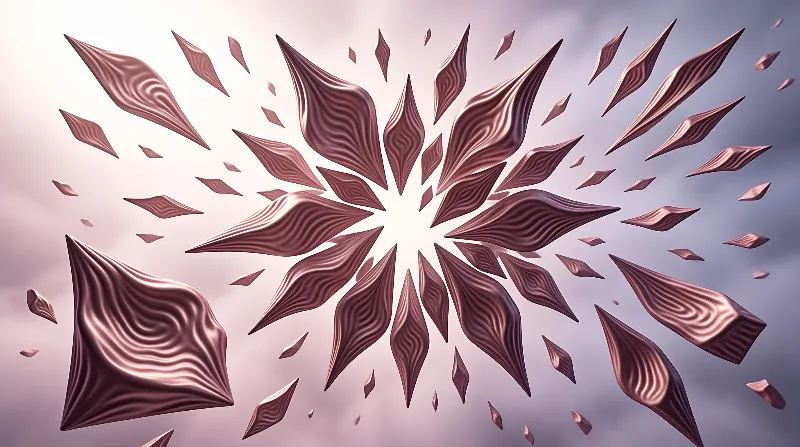 Numerous rippled metallic petal shapes scatter from a bright center across a soft lilac gradient.