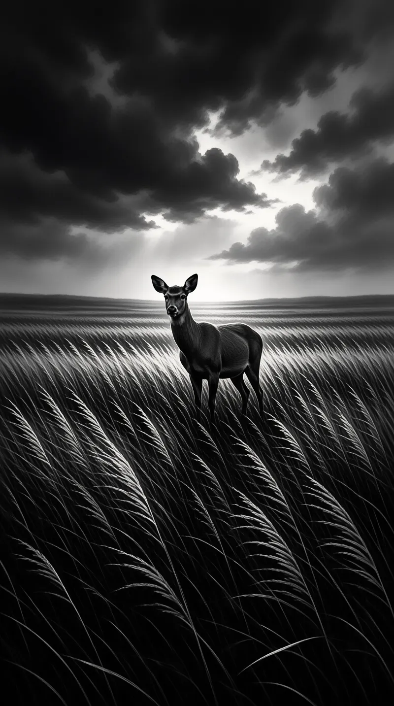 A lone deer faces the camera from waist height in rippling feather grass beneath a heavy storm sky, printed in monochrome.