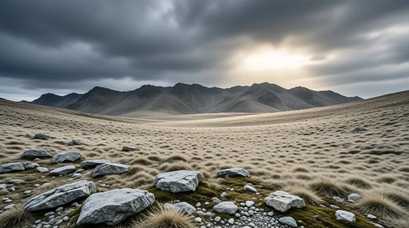Grey boulders rest in dry grass before a dark mountain range under a heavy overcast sky with a break of light.