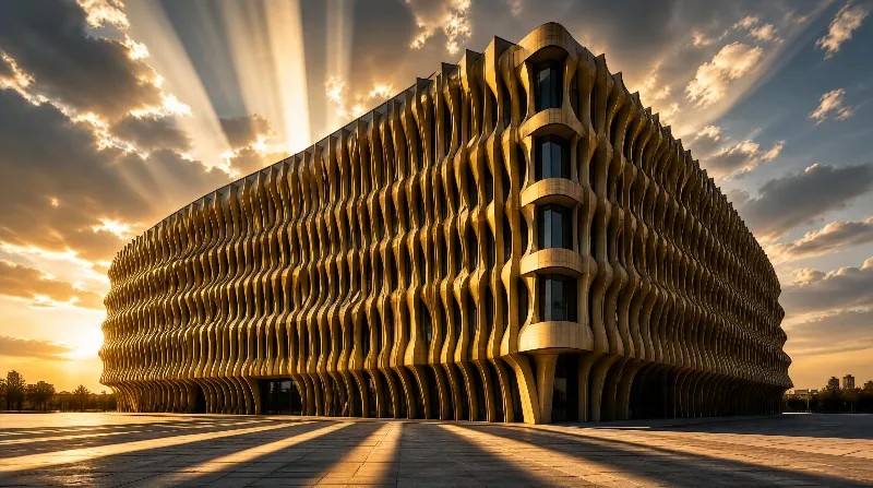 Modern Golden Building at Sunset