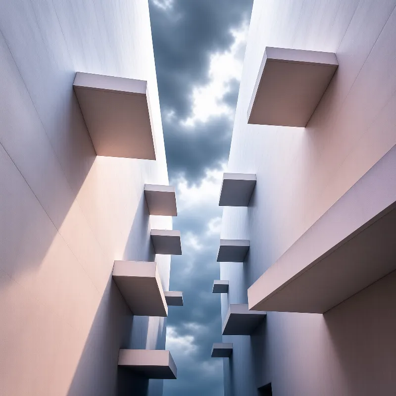 Looking straight up, rectangular blocks protrude from two converging pastel walls toward a slit of stormy sky.