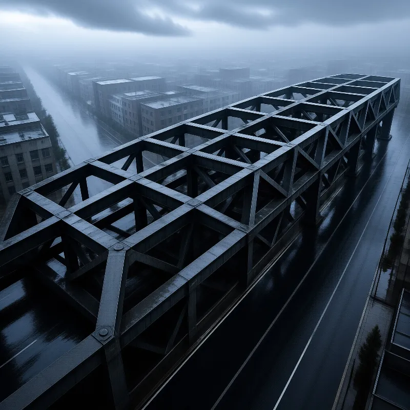 A large dark metal lattice spans a wet road cutting through rows of fog-shrouded apartment blocks under a heavy overcast sky.