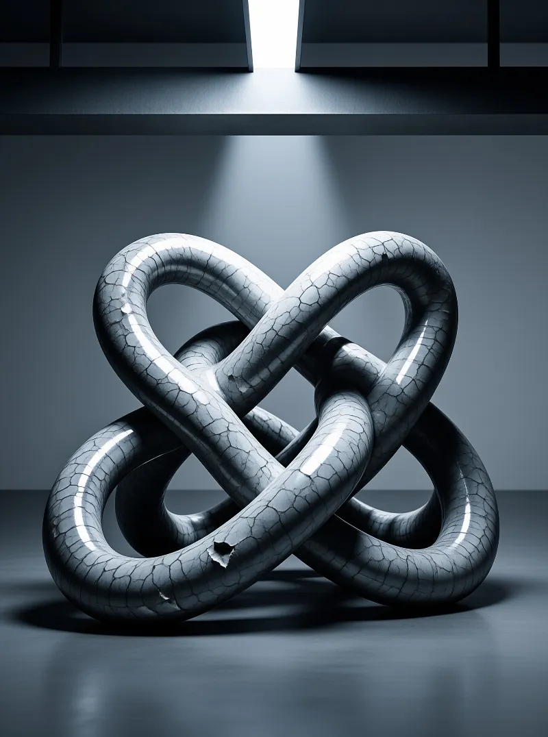 A glossy cracked knot sculpture sits in a minimalist room illuminated by a single beam of light from above.
