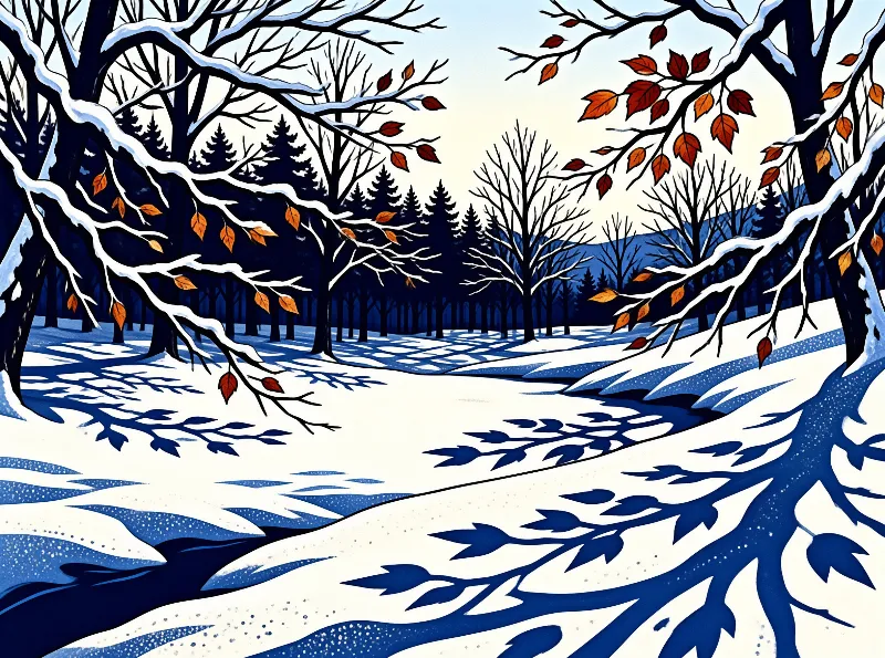 Stylized winter forest path, red and orange leaves cling to snow dusted dark branches, blue branch shadows stretch over the white snow leading to distant evergreens.