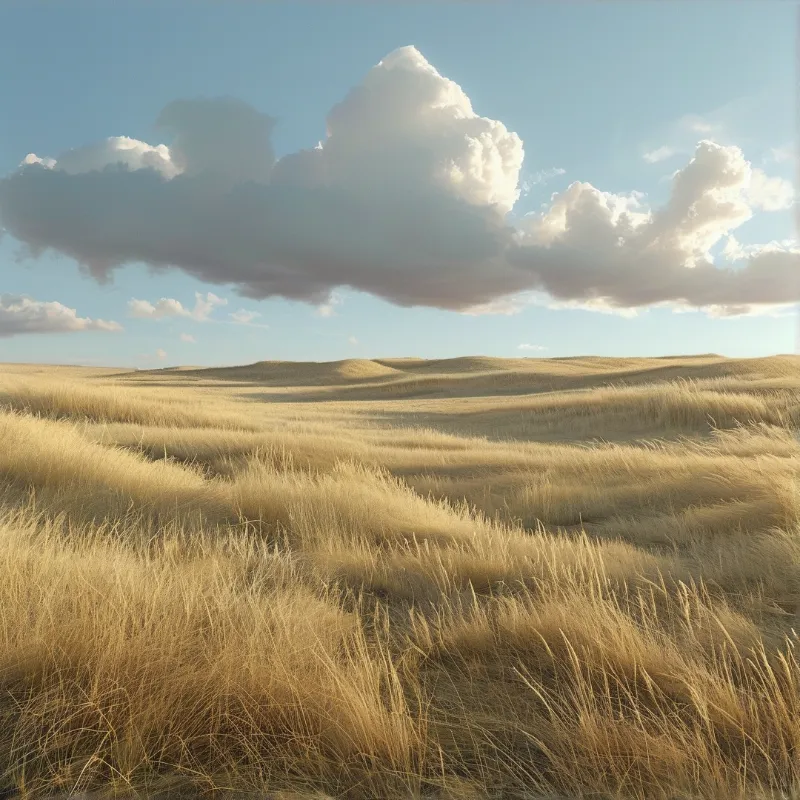 Sunlight illuminates a sprawling golden prairie landscape with undulating terrain beneath towering white formations.