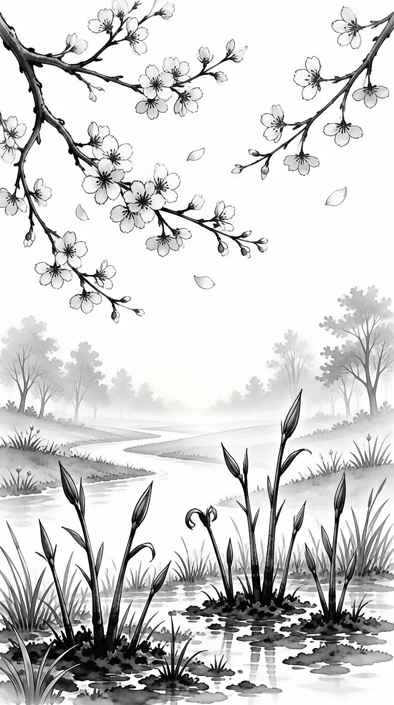 Ink wash painting of cherry blossoms over a winding river with iris buds and misty forest in the distance.