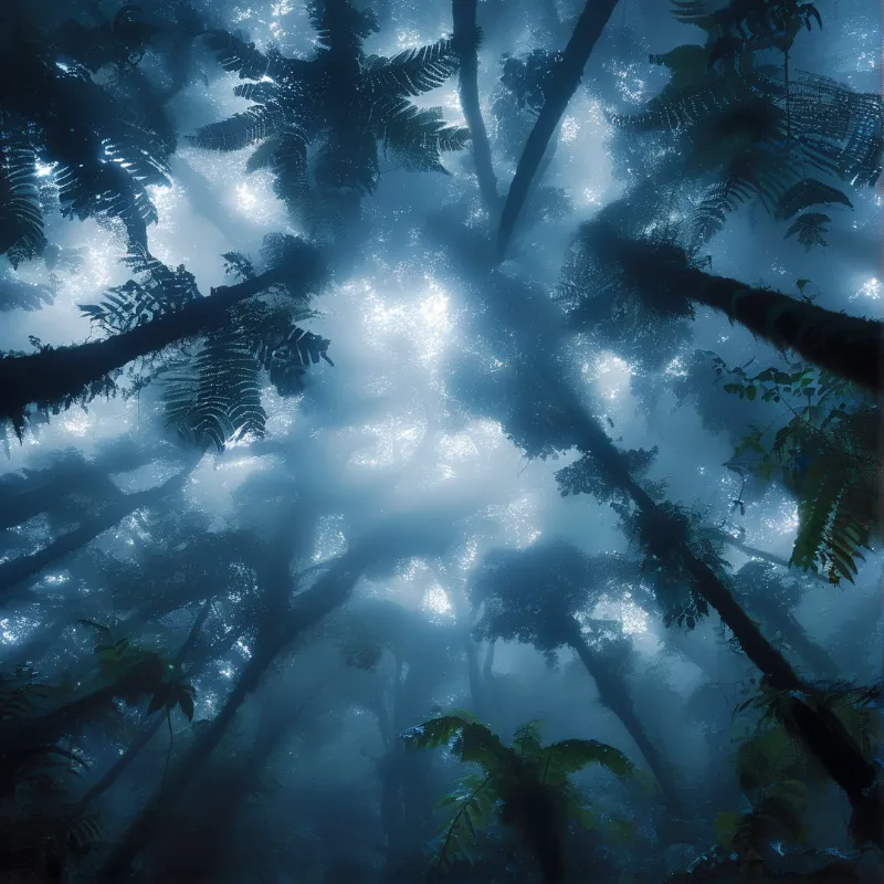 Looking straight up, mossy trunks and spreading ferns disappear into cool light filtering through high canopy fog.
