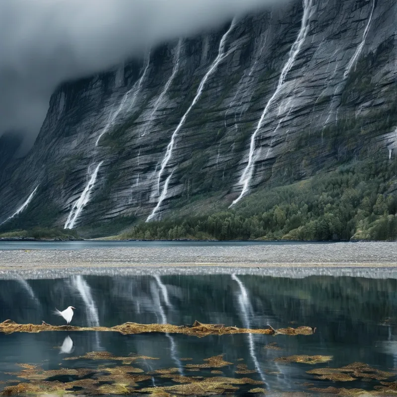 A white bird stands on driftwood in calm water reflecting a misty cliff with cascading waterfalls.