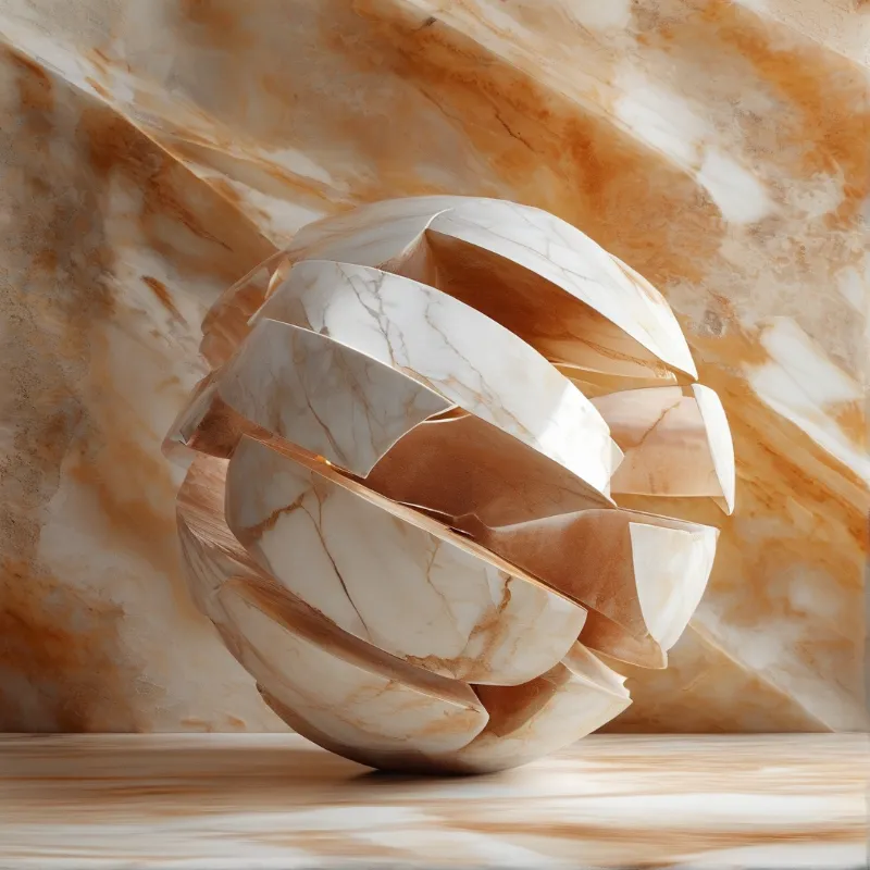 A layered white and brown marble sculpture rests on a wooden table against a matching stone backdrop with soft lighting.