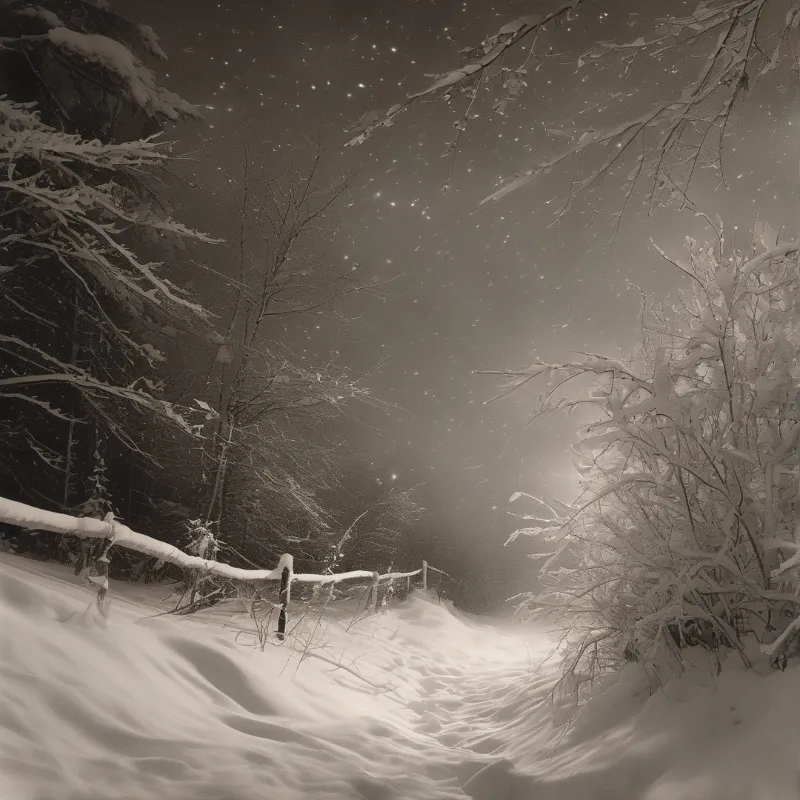 A snow-covered wooden fence runs along a winter path surrounded by snow-laden branches under a star-filled night sky.