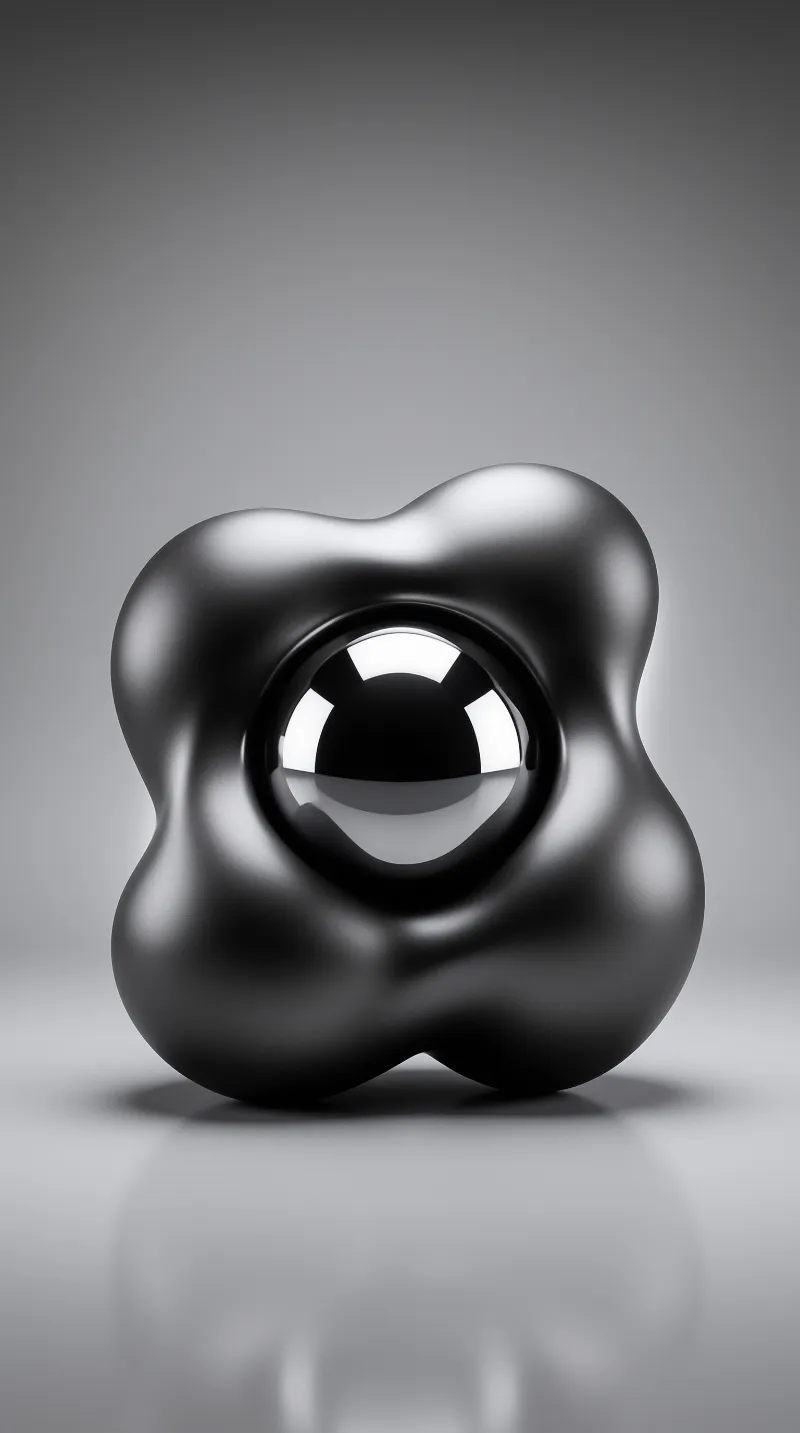A glossy black amorphous form rests on a grey background with a central hole showing a bright reflective interior.