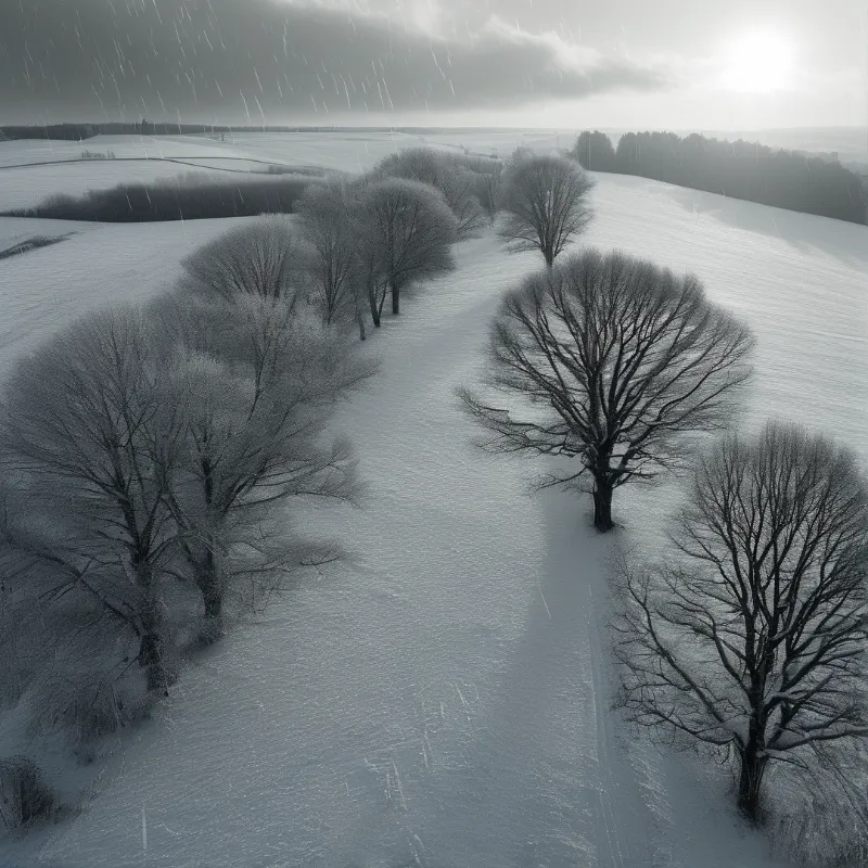 A row of leafless trees stands in a snow blanketed landscape while snow falls from a cloudy sky