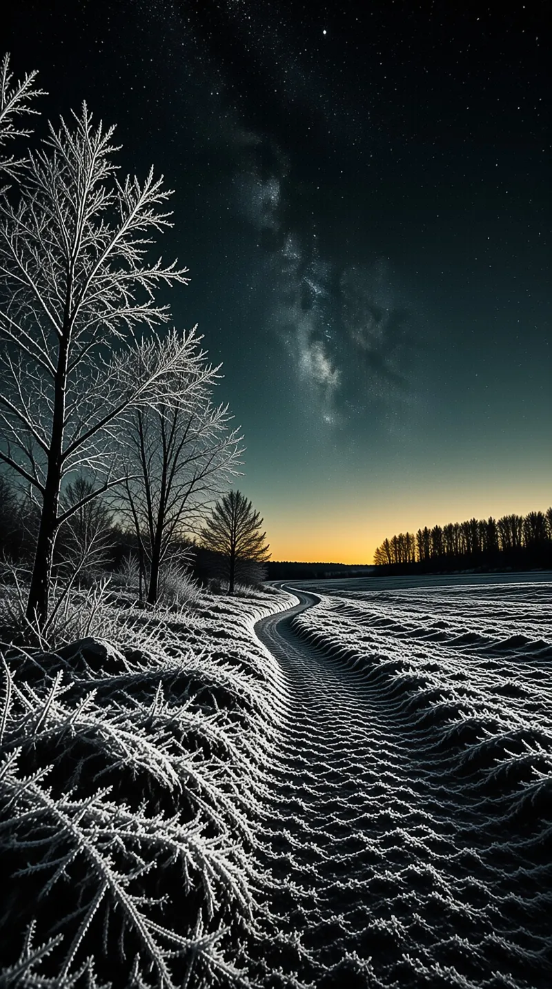 A winding dirt track crosses a snow-covered field beneath a dark sky filled with stars and a glowing horizon.