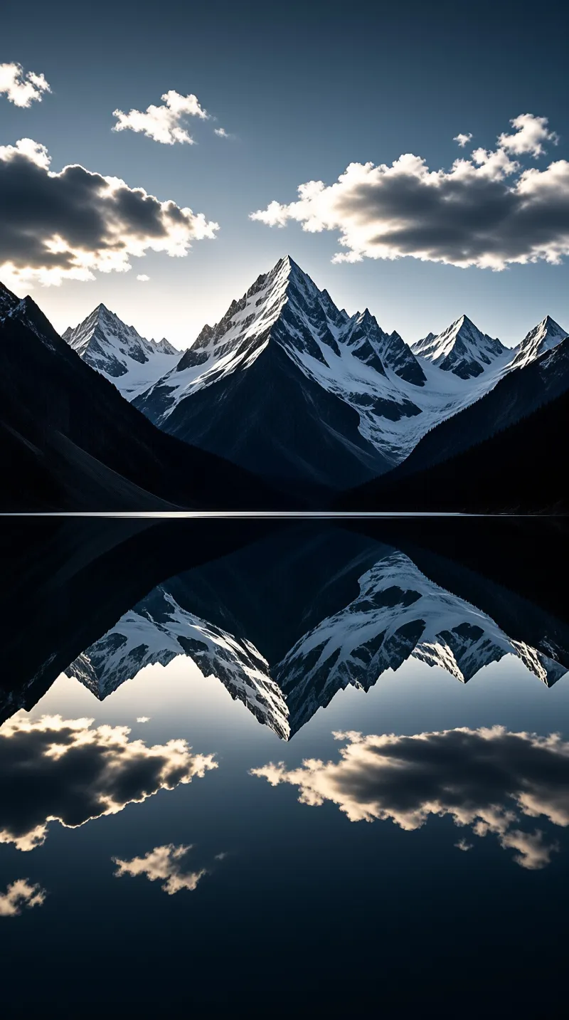 Dark alpine lake reflects the snowy mountain range and clouds under a twilight sky with bright golden light on the summits.