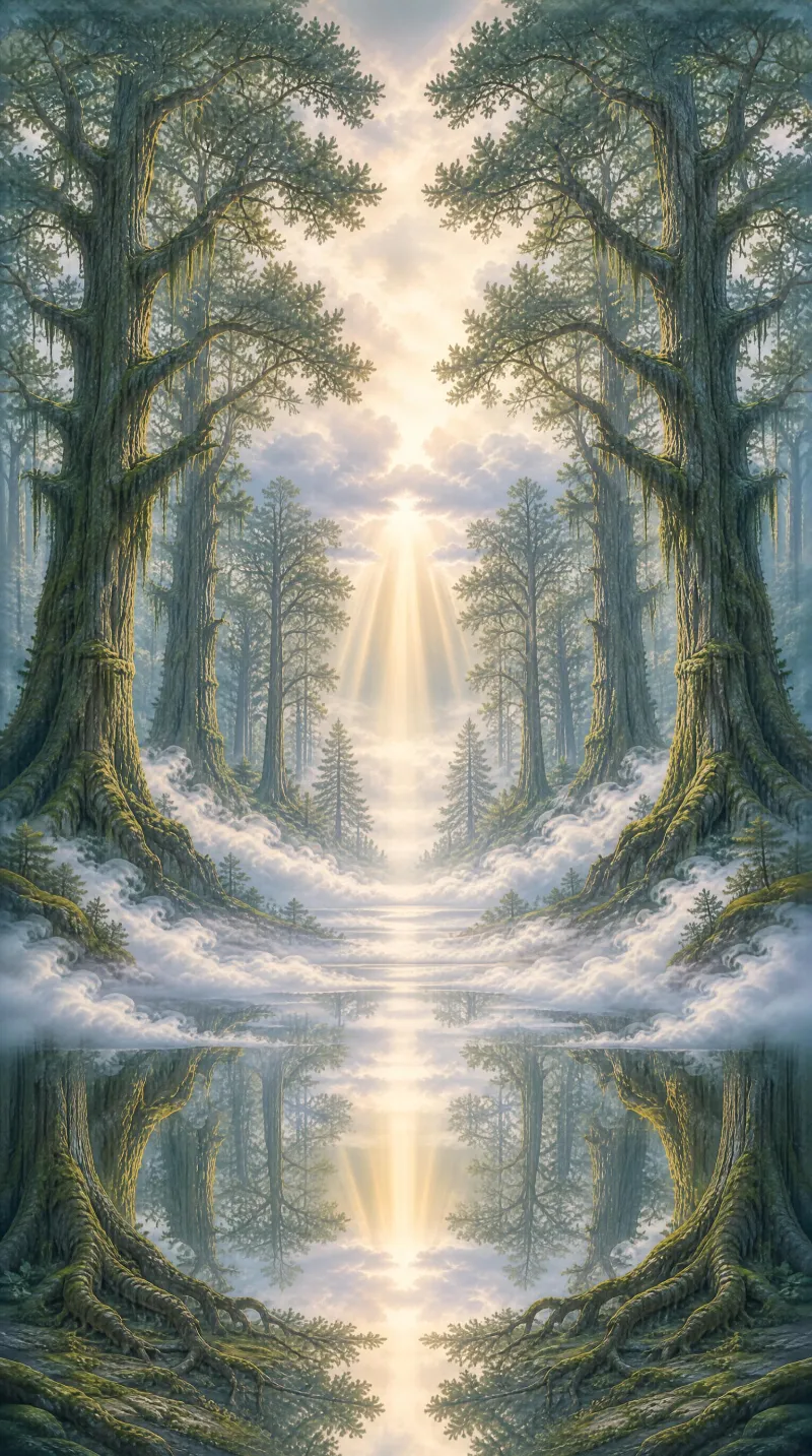 A dense forest with towering trees sunlight streaming through the canopy and a calm body of water reflecting the scene