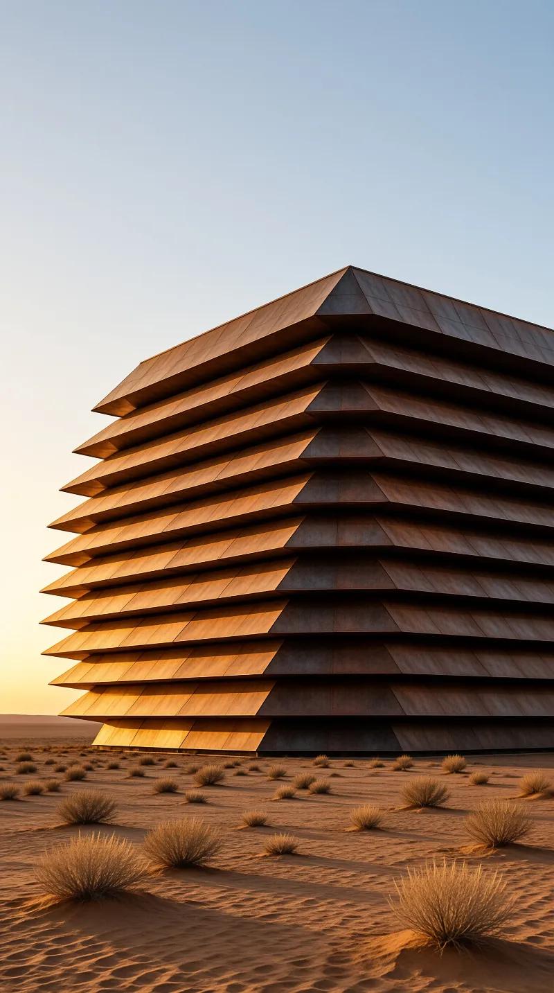 A massive geometric structure with layered sides stands in a barren desert field illuminated by low angle sunlight.