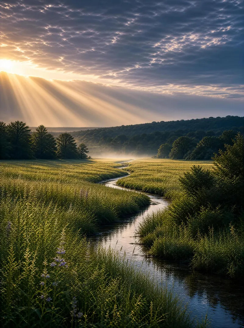 Sunrise Over a Winding River Valley
