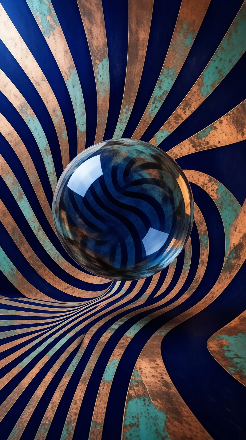 A transparent sphere sits centrally over undulating copper and blue strips with verdigris patina.