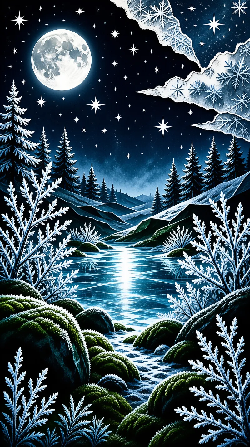 A full moon lights snow-laden pines and frost-covered plants above a river reflecting a bright pale streak.