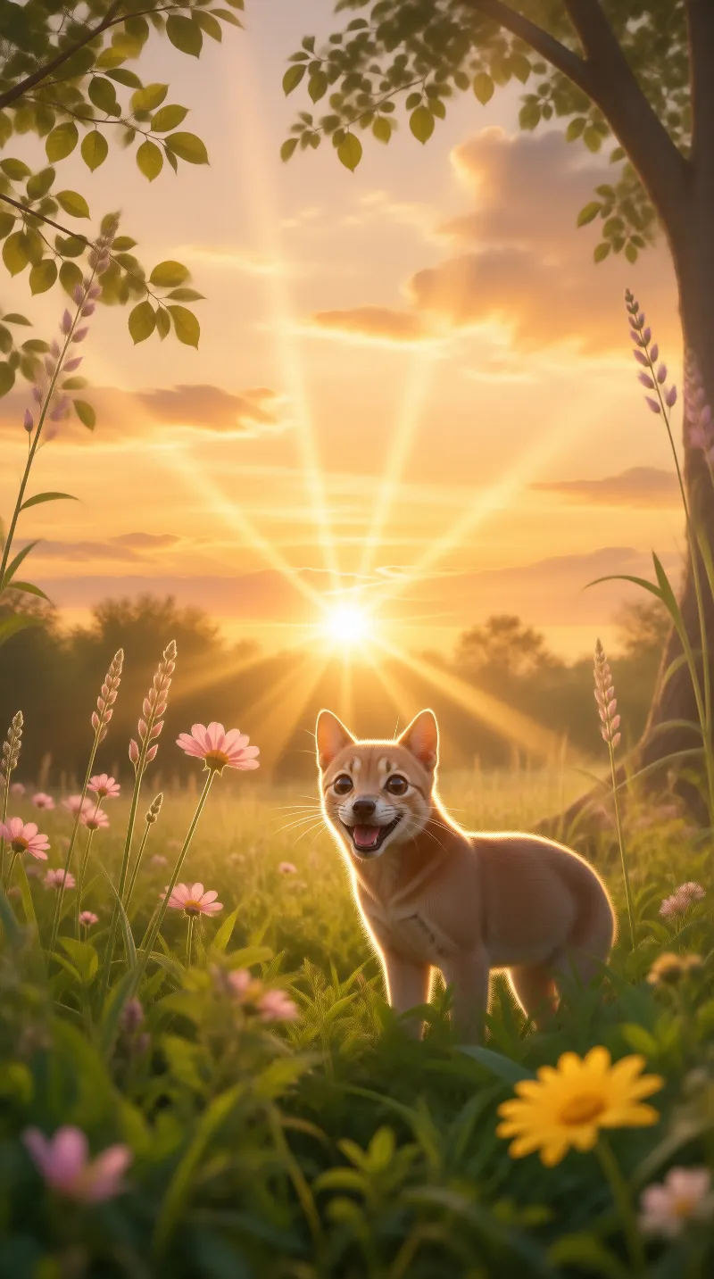 Sunset Meadow with a Happy Animal