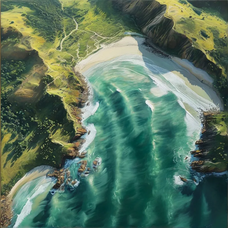Turquoise waves swirl around a sandy beach bordered by lush green hills and rocky cliffs in bright sunlight.